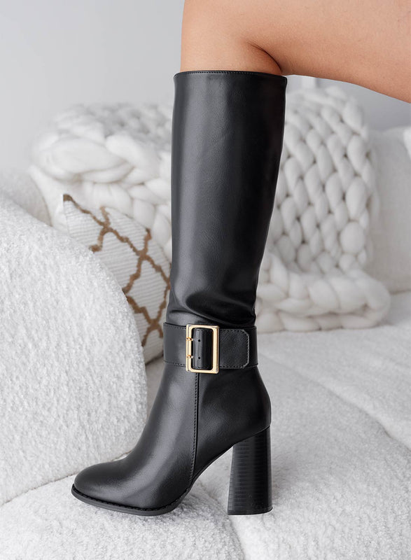 CORE - Black mid-calf boots with heel and buckle