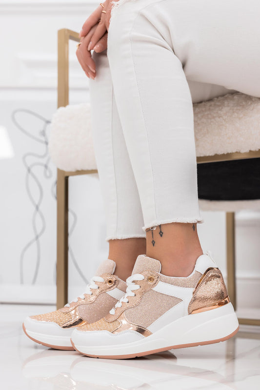 CORINE - White sneakers with rose gold laminated details