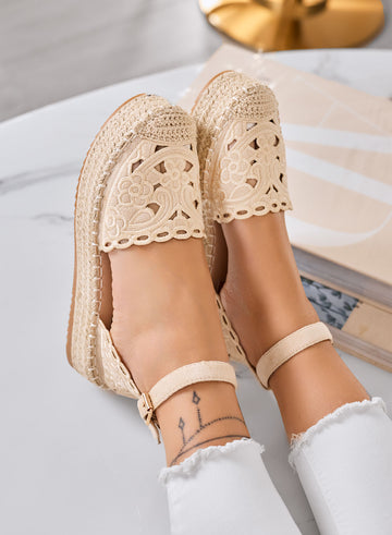 CRISTY - Espadrillas beige ricamate con cinturino alla caviglia e suola platform in corda