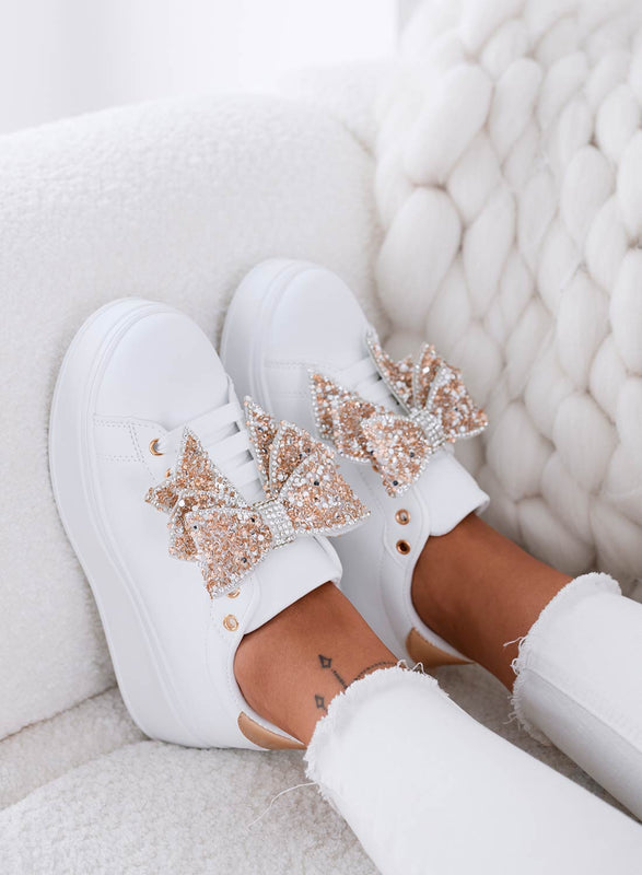 CRYSTAL - White wedge sneakers with rose gold jewel bow