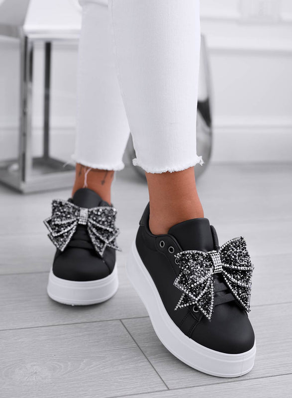 CRYSTAL - Black wedge sneakers with silver jewel bow