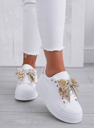 CRYSTAL - White sneakers with wedge heel and gold jewel bow