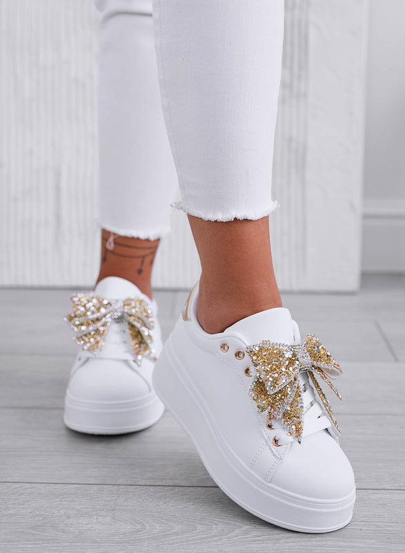 CRYSTAL - White wedge sneakers with gold jewel bow