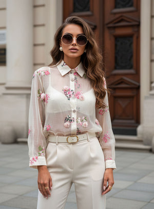 Camisa Elegante de Mujer de Tul con Bordados Florales 3D