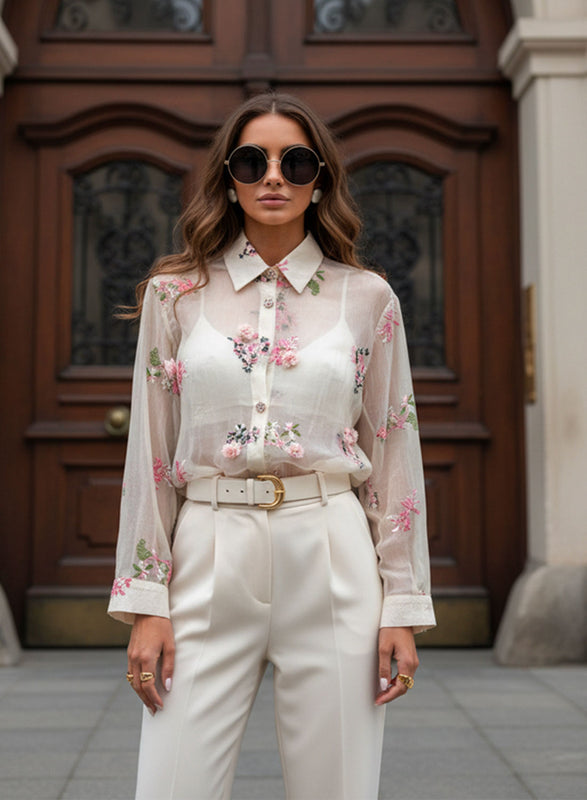 Elegant Women's Tulle Shirt with 3D Floral Embroidery