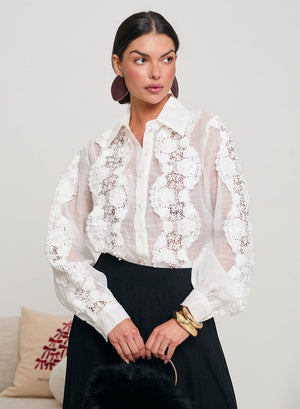 White shirt with macramé lace and pearl buttons