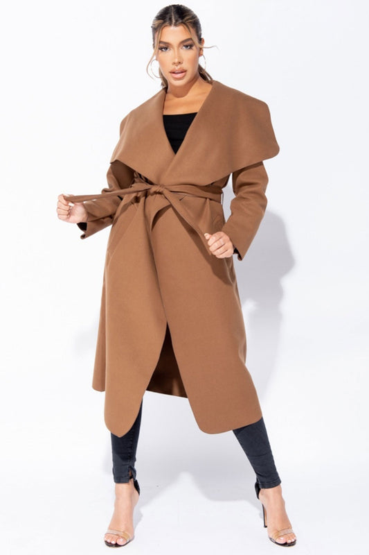 Camel long coat with waist drawstring