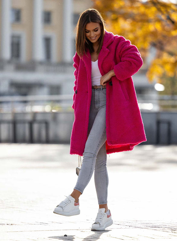 Fuchsia teddy coat with pockets and button