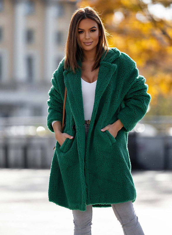 Green teddy coat with pockets and button