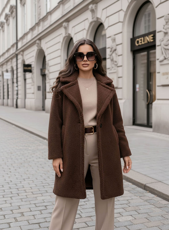 Brown teddy coat with pockets and button