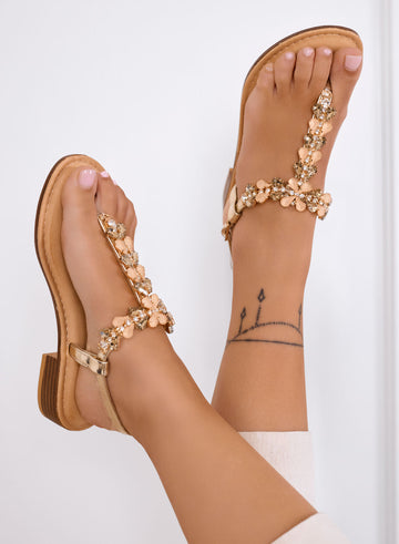 DAFNE - Gold Jewel Thong Sandals with Rhinestones