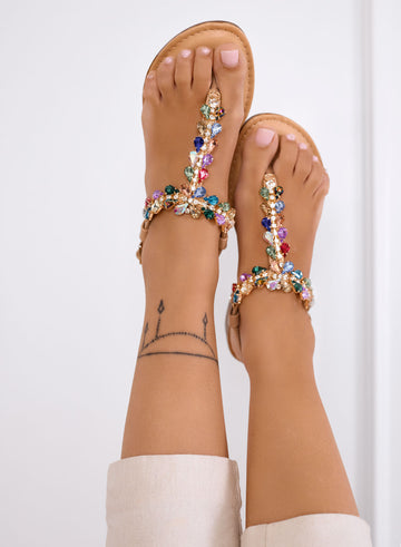 DAFNE - Beige jeweled thong sandals with multicolor rhinestones