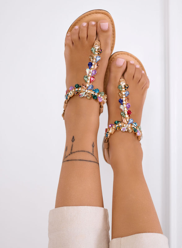 DAFNE - Beige jeweled thong sandals with multicolor rhinestones