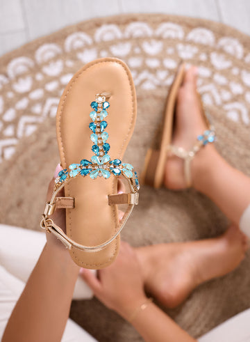 DAFNE - Gold Jewel Thong Sandals with Blue Rhinestones