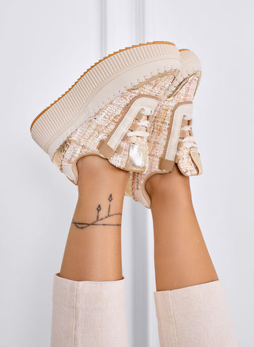 DAFNE - Beige platform sneakers in mud tweed with gold details