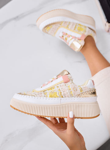 DAFNE - Beige platform sneakers in yellow tweed with gold details
