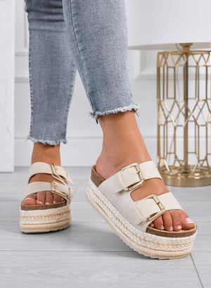 DANIEL – Beige platform slide sandals with double buckle and rope sole