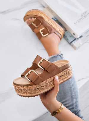 DANIEL – Brown platform slide sandals with double buckle and rope sole