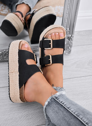 DANIEL – Black platform slide sandals with double buckle and rope sole