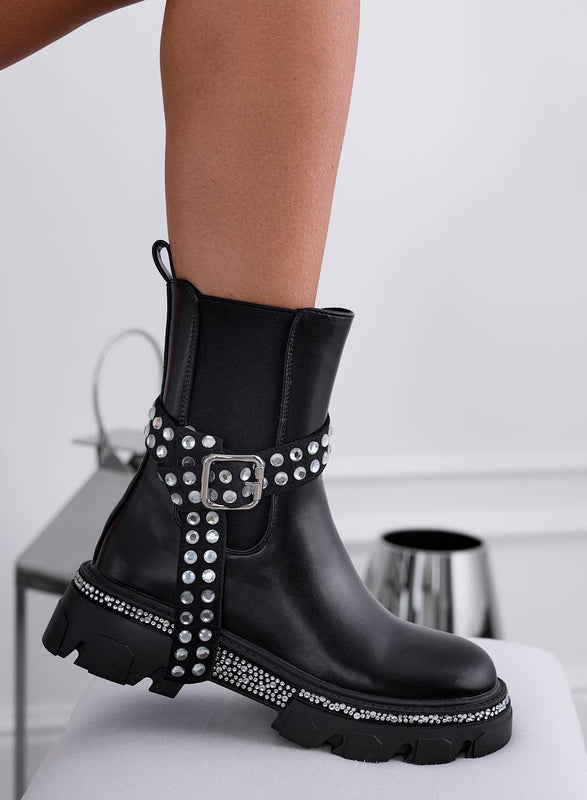 DANILA - Black biker ankle boots with buckle and silver rhinestones