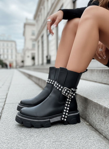 DANILA - Black biker ankle boots with buckle and silver rhinestones