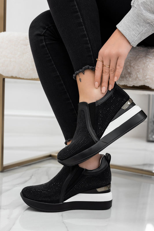 DARCEY - Black sneakers with rhinestones and wedge