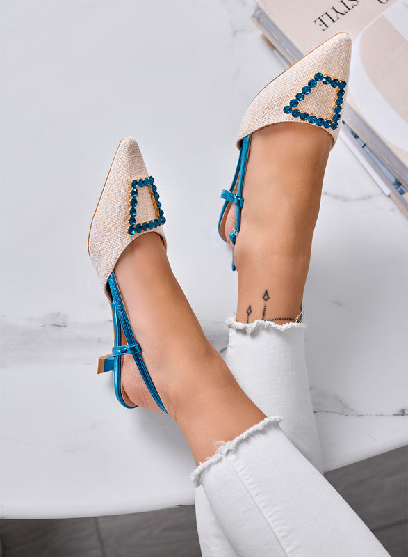 DARLEEN – Beige Slingback Elegant Pointed Pumps with Blue Jewel Buckle