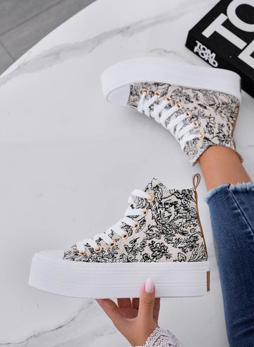 DELFINA - Beige high-top patterned sneakers with wedge