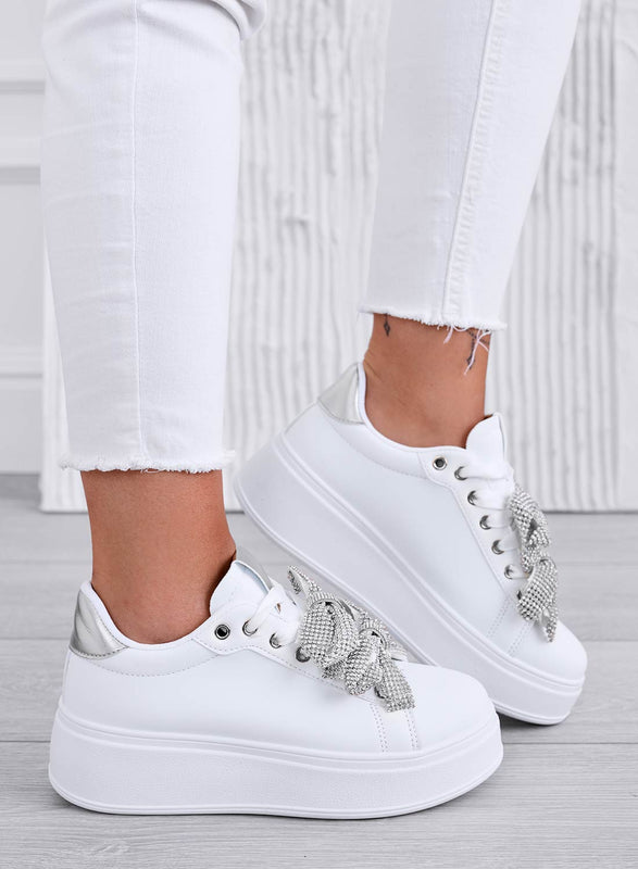 DEZZY - White sneakers with silver rhinestone bows