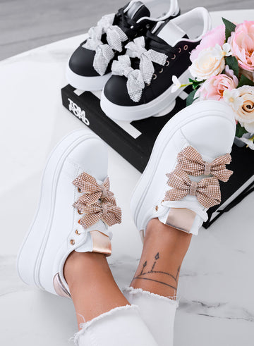 DEZZY - Baskets blanches avec nœuds en strass or rose