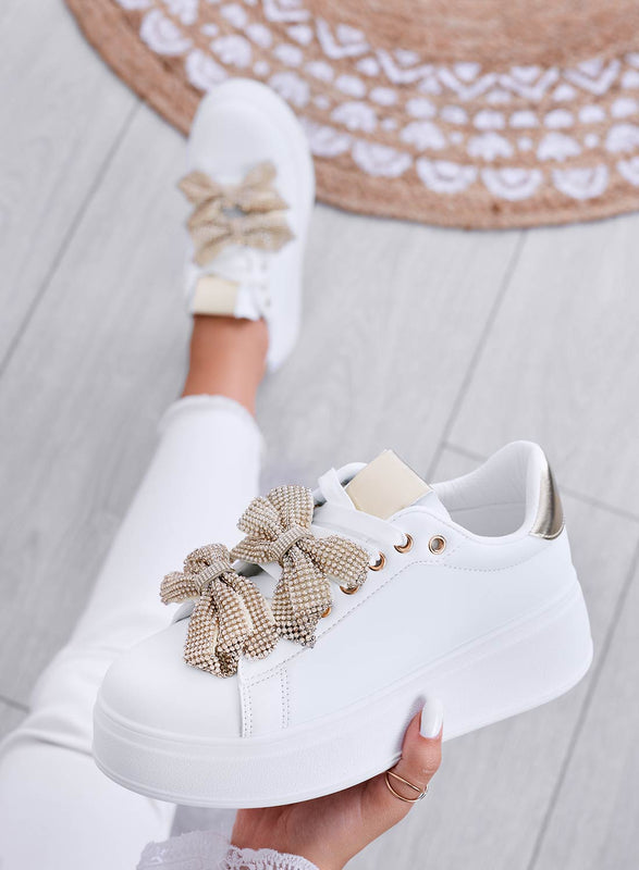 DEZZY - White sneakers with gold rhinestone bows