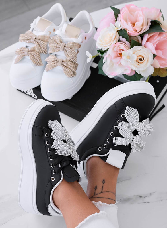 DEZZY - Black sneakers with silver rhinestone bows