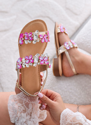 DIAMOND - Sandalias fucsia bajas con piedras joya y correa