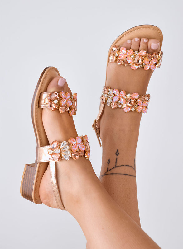 DIAMOND - Sandali oro rosa Bassi con Pietre Gioiello e Cinturino