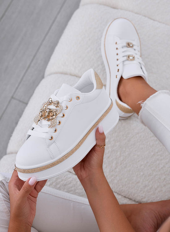 DOINA - White sneakers with jewel application and gold inserts