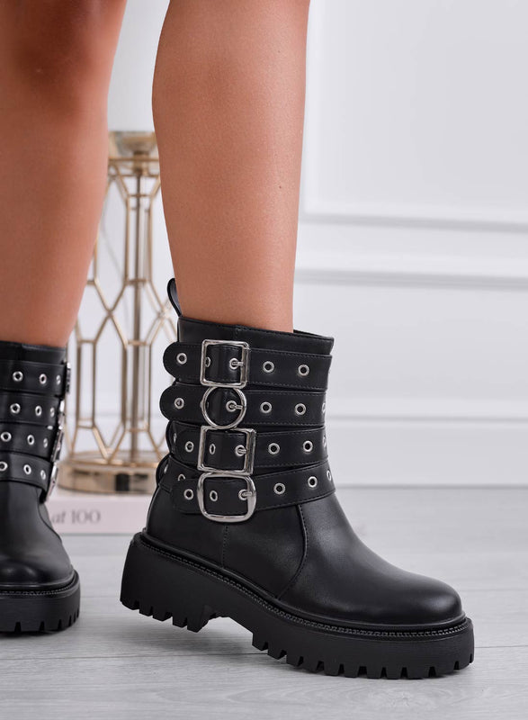 DOMINIQUE - Botines negros estilo biker con hebillas