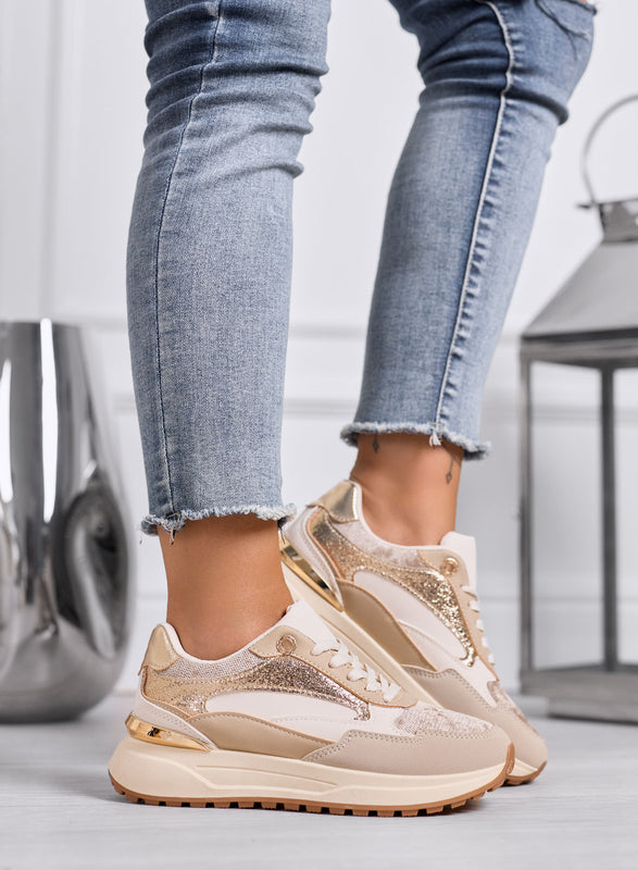 DONATA - Beige and gold sneakers with metallic details and platform sole