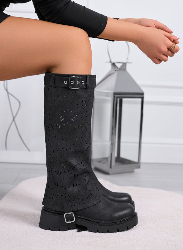 DOROTHY - Bottes noires ajourées 2 en 1 avec tige amovible