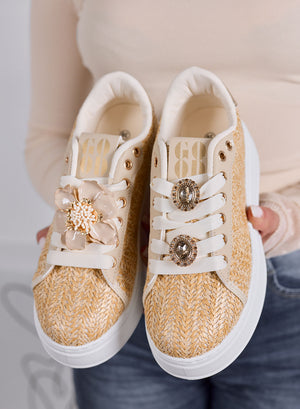 DOROTY - Beige Woven Sneakers with Jewel Flower Appliqués and Platform Sole