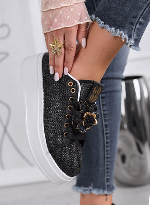 DOROTY - Black sneakers with jeweled flower appliqués and platform sole