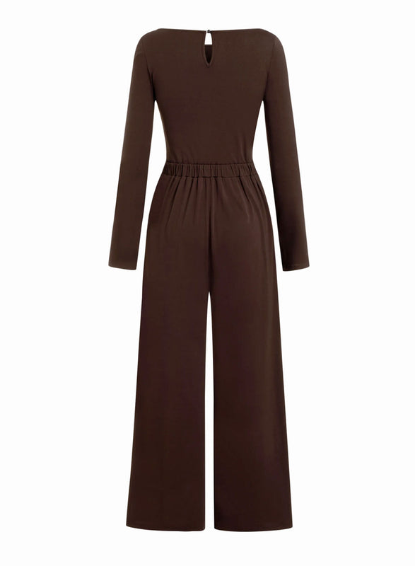 Brown jumpsuit with boat neckline and wide leg