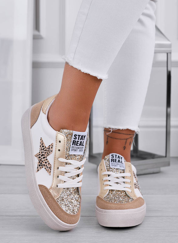 EDDA - Beige sneakers with gold glitter inserts