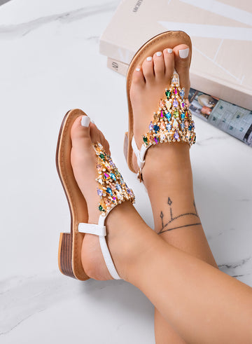 EDDIE - Low white jeweled sandals with multicolor stones