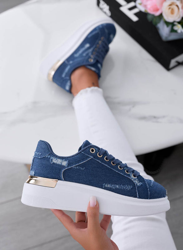 EDEN - Blue jeans sneakers with gold plaque