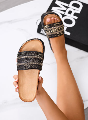 EDVIGE - Black sandals Platform slippers with gold embroidered band