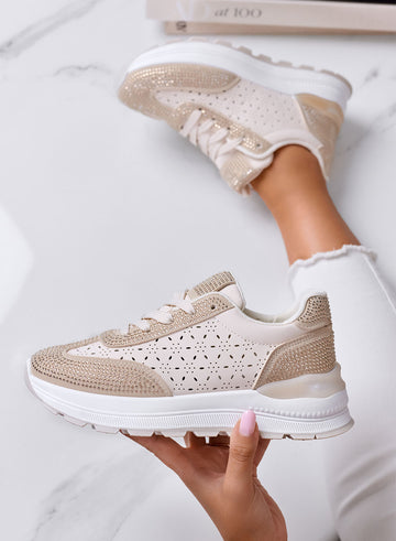 ELISA - Beige Sneakers with Rhinestones and Perforated Details