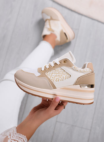 SELLY - Beige sneakers with wedge heel and embroidered details