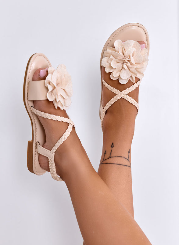 ELVIRA - Sandali beige con Fiore 3D e Cinturino Intrecciato