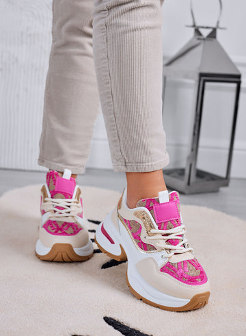 ENEA - Beige sneakers with fuchsia fabric inserts