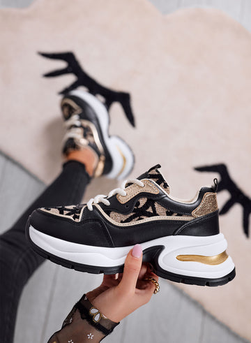 ENEA - Black and beige sneakers with monogram pattern and gold details